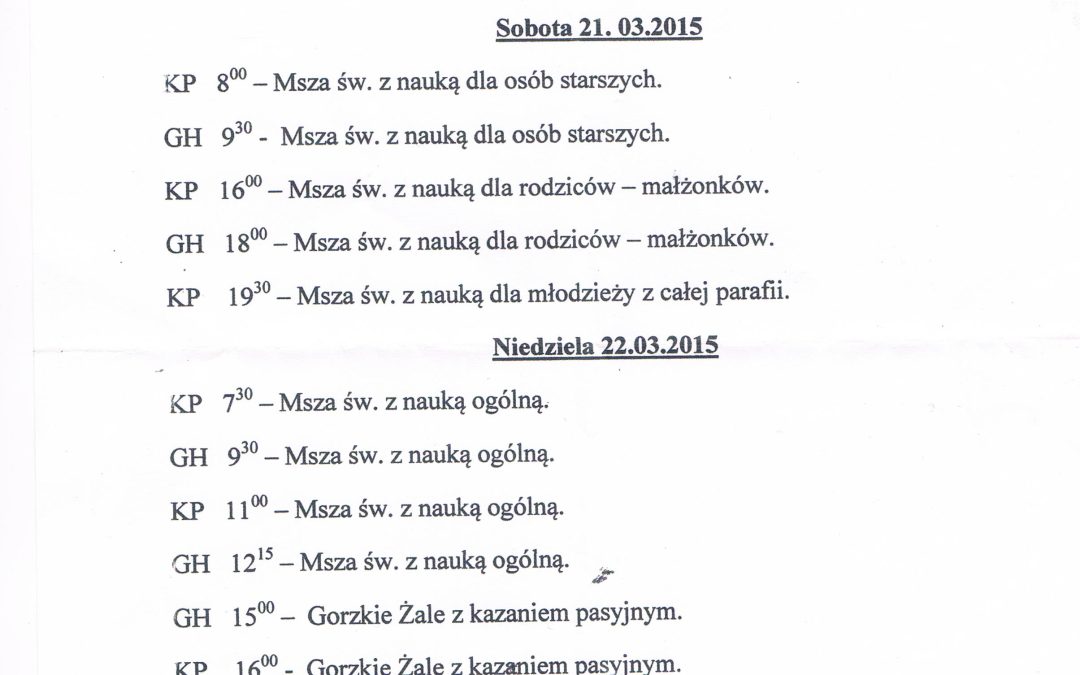 Plan Rekolekcji Wielkopostnych 20 – 22.03.2015